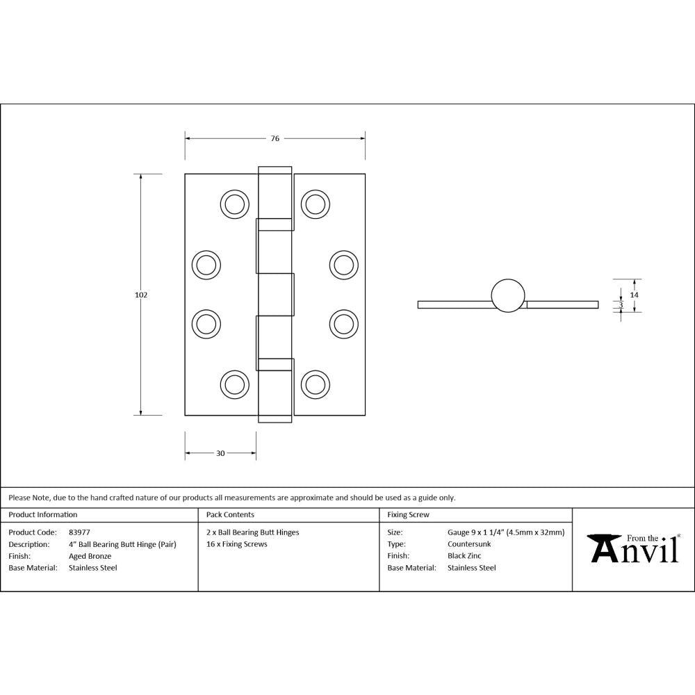 From The Anvil - Aged Bronze 4" Ball Bearing Butt Hinge (pair) ss | Sku. 83977 | Trade Door Handles.