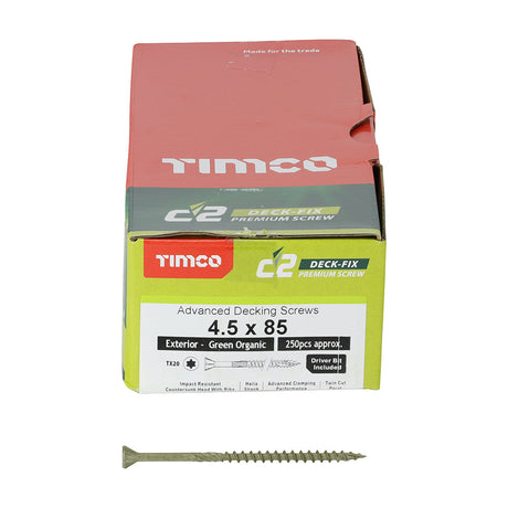 This is an image of Timco - C2 Deck-Fix Screws - TX - Countersunk with Ribs - Twin-Cut - Green 4.5 x 85 mm - (250 PCS Box) 85C2D250BX