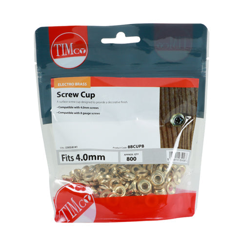 This is an image of Timco - Screw Cups - Electro Brass To fit 8 Gauge Screws - (800 PCS TIMbag) 8BCUPB