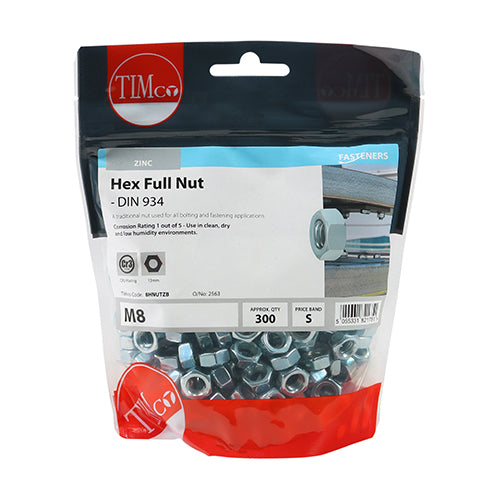 This is an image of Timco - Hex Full Nuts - Zinc M8 - (300 PCS TIMbag) 8HNUTZB