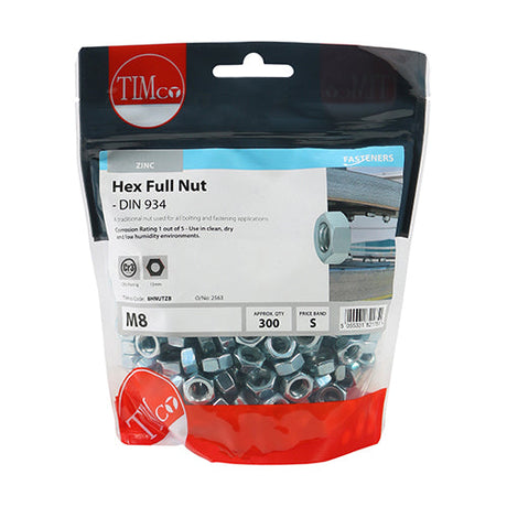 This is an image of Timco - Hex Full Nuts - Zinc M8 - (300 PCS TIMbag) 8HNUTZB