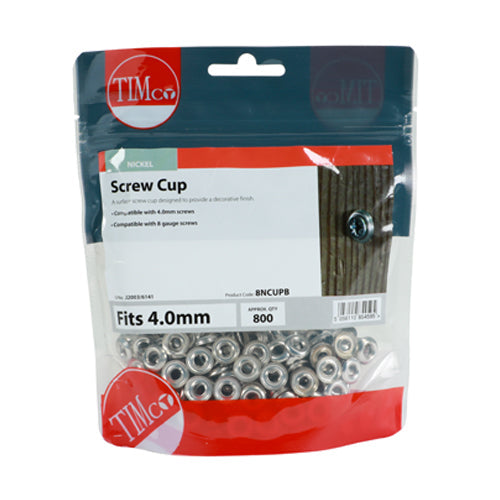 This is an image of Timco - Screw Cups - Nickel To fit 8 Gauge Screws - (800 PCS TIMbag) 8NCUPB