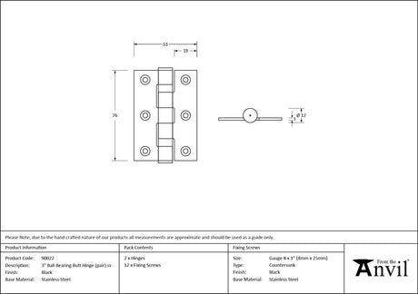 From The Anvil - Black 3" Ball Bearing Butt Hinge (Pair) ss | Sku. 90022 | Trade Door Handles.