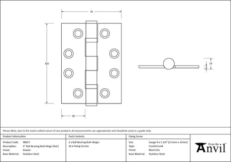 From The Anvil - Pewter 4" Ball Bearing Butt Hinge (Pair) ss | Sku. 90027 | Trade Door Handles.