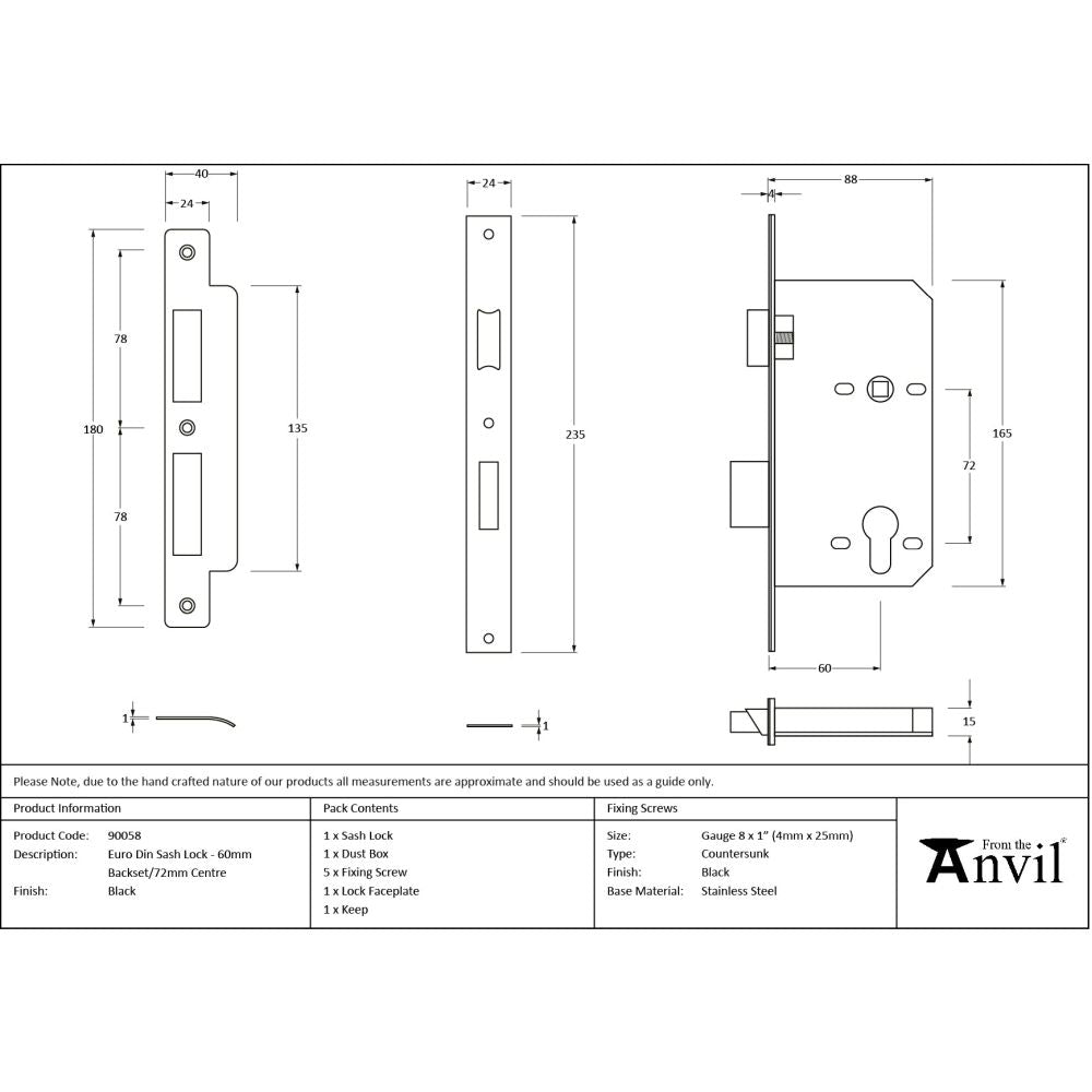 From The Anvil - Black 60mm Backset 72mm Centre - Euro Sashlock | Sku. 90058 | Trade Door Handles.