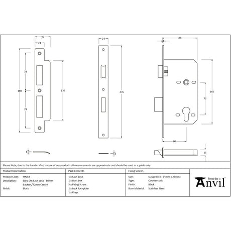 From The Anvil - Black 60mm Backset 72mm Centre - Euro Sashlock | Sku. 90058 | Trade Door Handles.