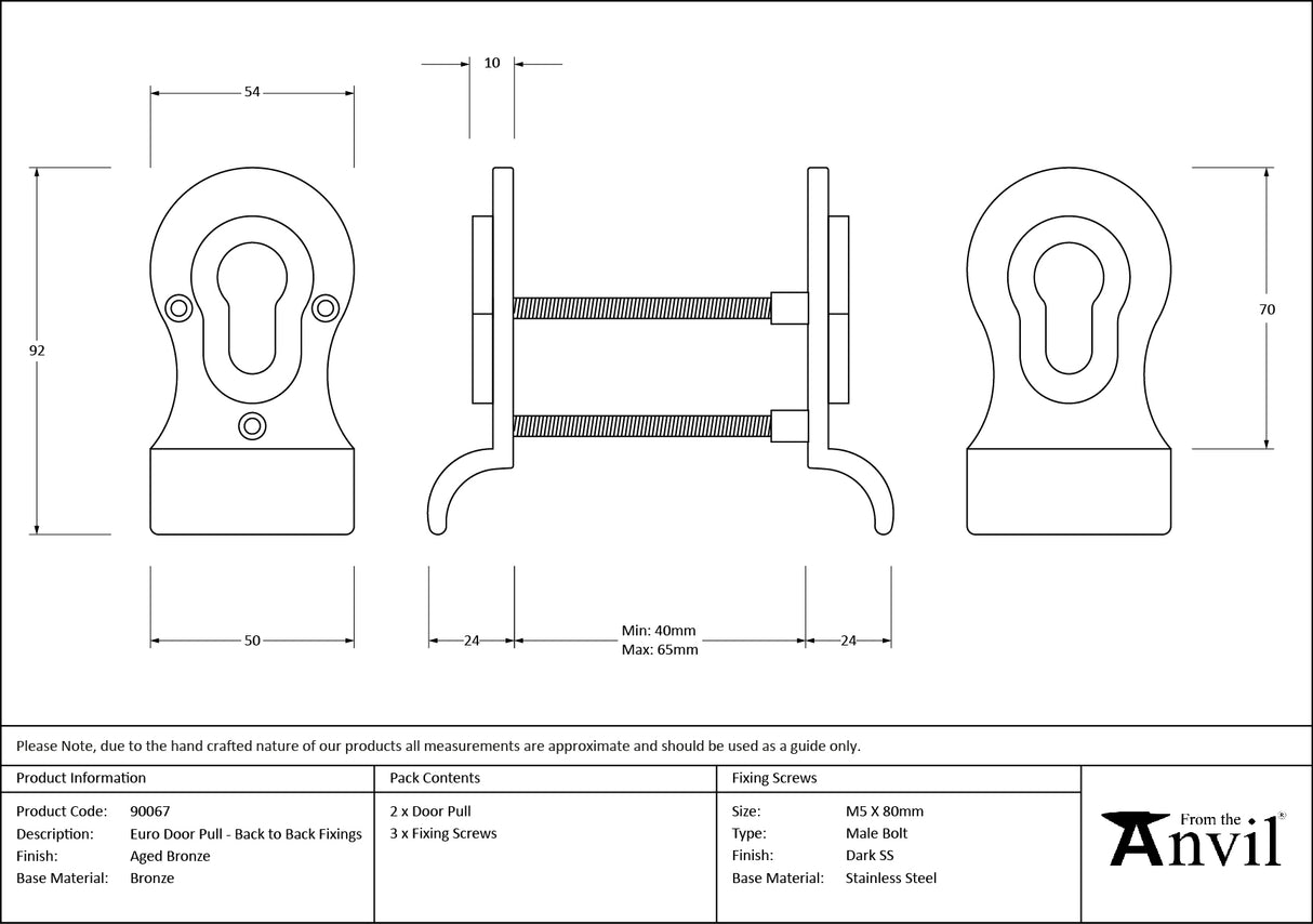 From The Anvil - Aged Bronze 50mm Euro Door Pull (Back to Back fixings) | Sku. 90067 | Trade Door Handles.