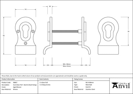 From The Anvil - Aged Bronze 50mm Euro Door Pull (Back to Back fixings) | Sku. 90067 | Trade Door Handles.
