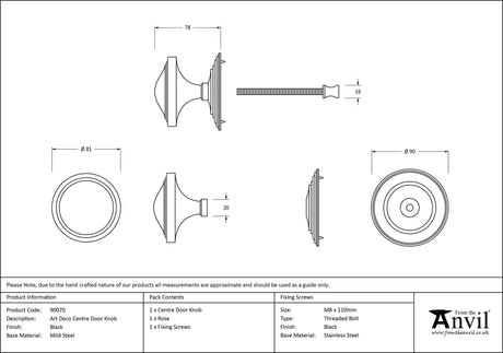 From The Anvil - Black Art Deco Centre Door Knob | Sku. 90070 | Trade Door Handles.