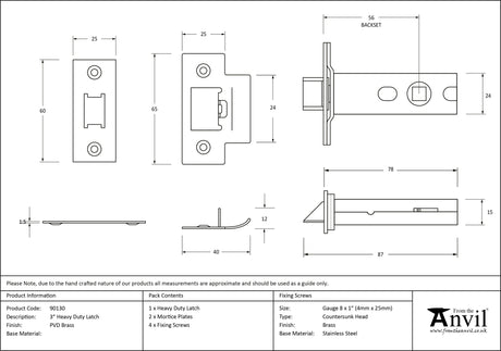 From The Anvil - PVD Brass 3" Heavy Duty Latch | Sku. 90130 | Trade Door Handles.