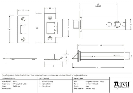 From The Anvil - PVD Brass 4" Heavy Duty Latch | Sku. 90131 | Trade Door Handles.