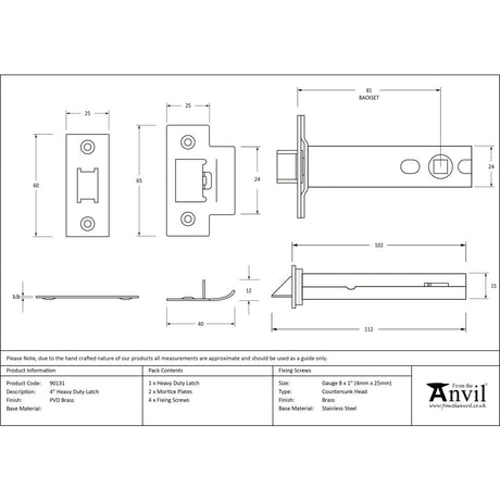 From The Anvil - PVD Brass 4" Heavy Duty Latch | Sku. 90131 | Trade Door Handles.