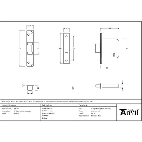 From The Anvil - SS 3" 5 Lever BS Deadlock | Sku. 90139 | Trade Door Handles.