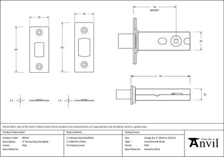 From The Anvil - PVD 3" Heavy Duty Tubular Deadbolt | Sku. 90141 | Trade Door Handles.