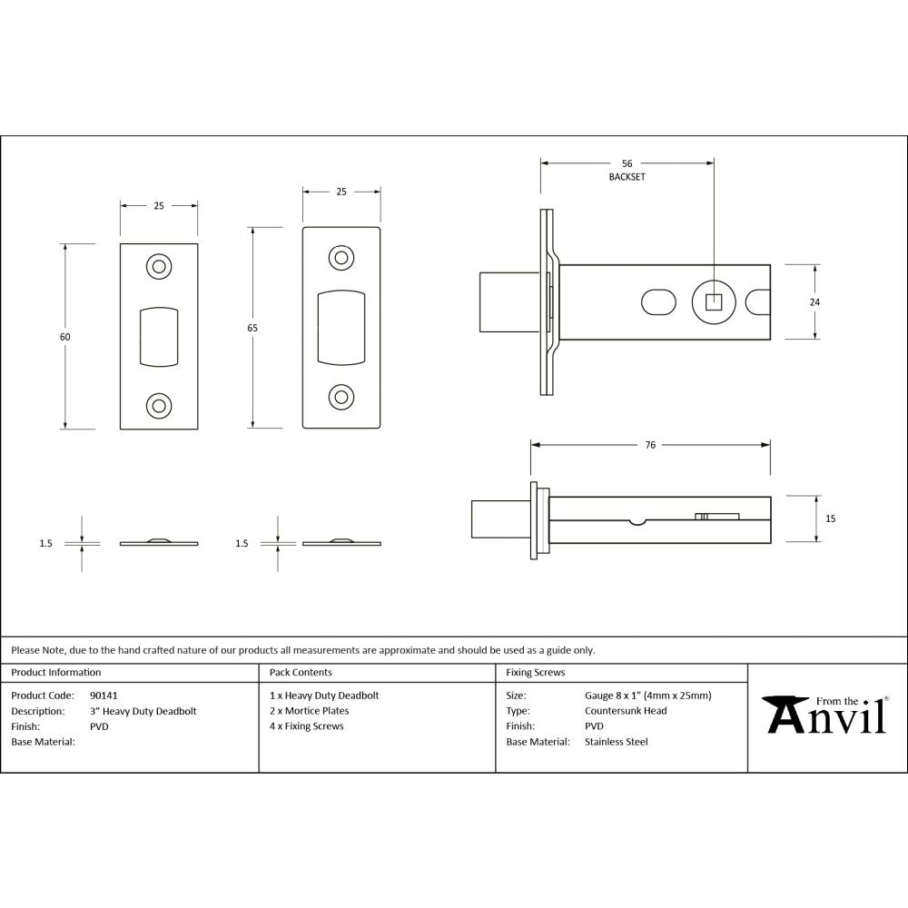 From The Anvil - PVD 3" Heavy Duty Tubular Deadbolt | Sku. 90141 | Trade Door Handles.
