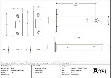 From The Anvil - PVD 5" Heavy Duty Tubular Deadbolt | Sku. 90143 | Trade Door Handles.