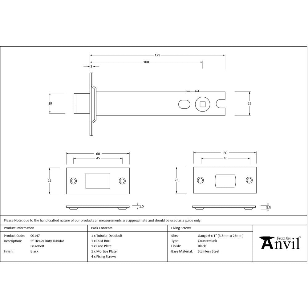 From The Anvil - Black 5" Heavy Duty Tubular Deadbolt | Sku. 90147 | Trade Door Handles.