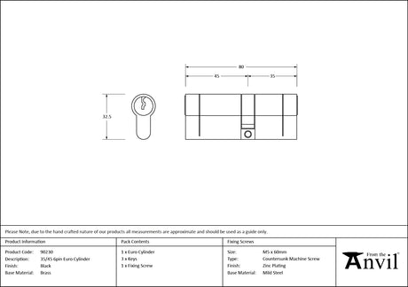 From The Anvil - Black 35/45 6pin Euro Cylinder | Sku. 90230 | Trade Door Handles.