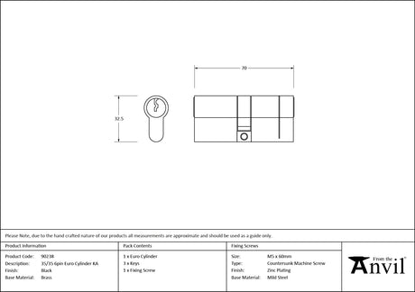 From The Anvil - Black 35/35 6pin Euro Cylinder KA | Sku. 90238 | Trade Door Handles.