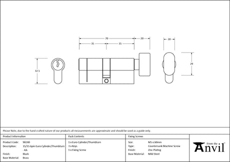 From The Anvil - Black 35/35 6pin Euro Cylinder/Thumbturn KA | Sku. 90240 | Trade Door Handles.