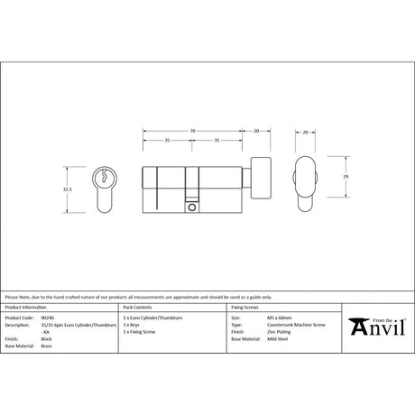 From The Anvil - Black 35/35 6pin Euro Cylinder/Thumbturn KA | Sku. 90240 | Trade Door Handles.