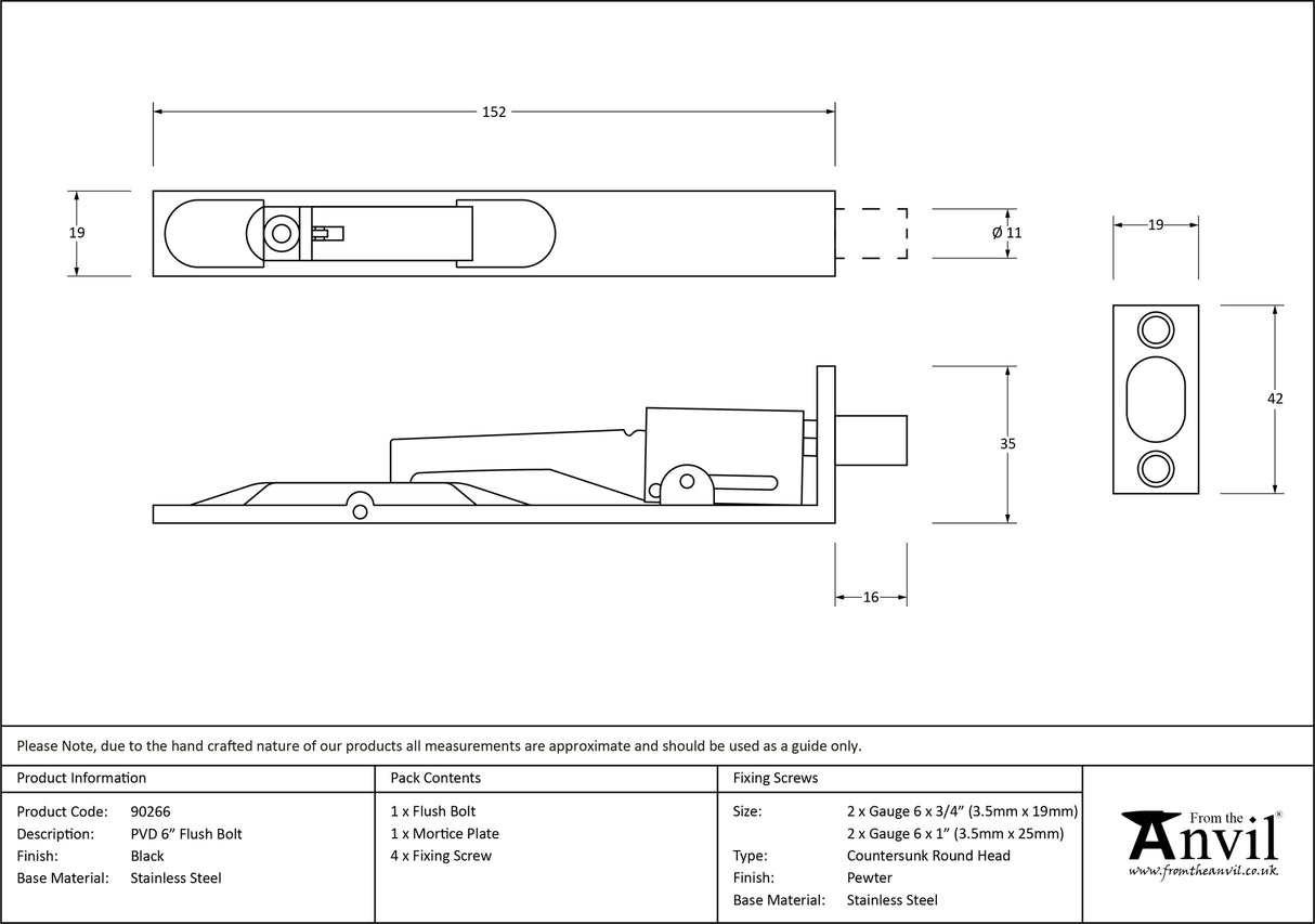 From The Anvil - Black PVD Stainless Steel 6" Flush Bolt | Sku. 90266 | Trade Door Handles.