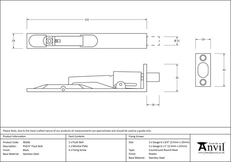 From The Anvil - Black PVD Stainless Steel 6" Flush Bolt | Sku. 90266 | Trade Door Handles.