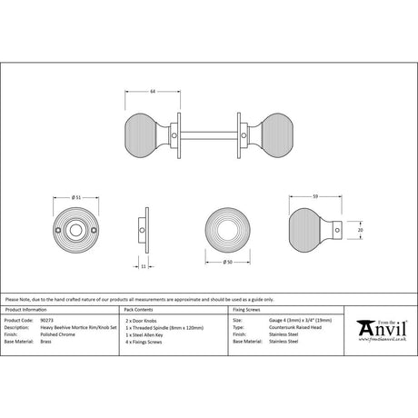 From The Anvil - Polished Chrome Heavy Beehive Mortice/Rim Knob Set | Sku. 90273 | Trade Door Handles.