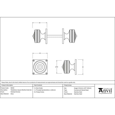 From The Anvil - Polished Chrome Tewkesbury Square Mortice Knob Set | Sku. 90292 | Trade Door Handles.