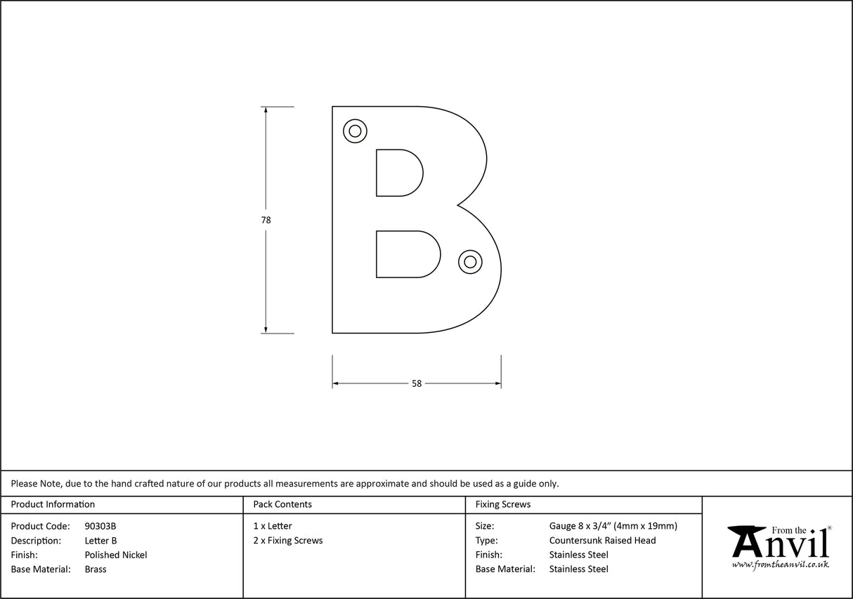 From The Anvil - Polished Nickel Letter B | Sku. 90303B | Trade Door Handles.