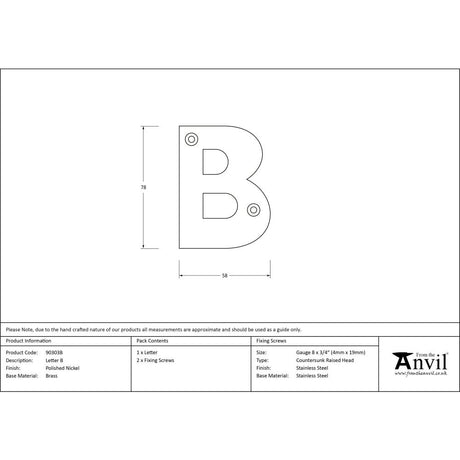 From The Anvil - Polished Nickel Letter B | Sku. 90303B | Trade Door Handles.