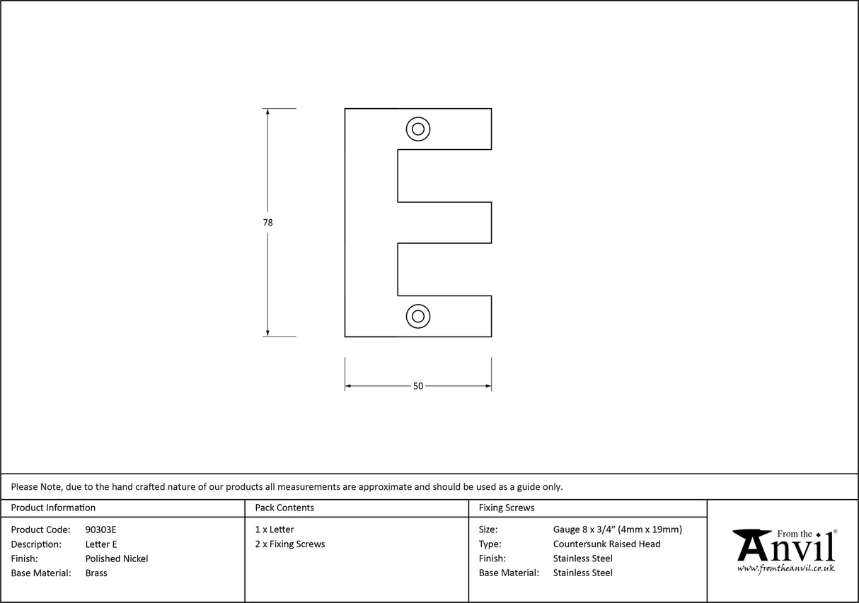From The Anvil - Polished Nickel Letter E | Sku. 90303E | Trade Door Handles.