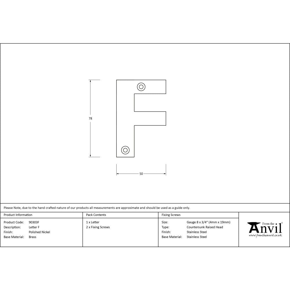From The Anvil - Polished Nickel Letter F | Sku. 90303F | Trade Door Handles.