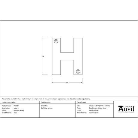 From The Anvil - Polished Nickel Letter H | Sku. 90303H | Trade Door Handles.