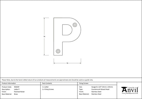 From The Anvil - Polished Nickel Letter P | Sku. 90303P | Trade Door Handles.