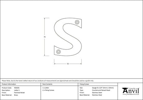 From The Anvil - Polished Nickel Letter S | Sku. 90303S | Trade Door Handles.