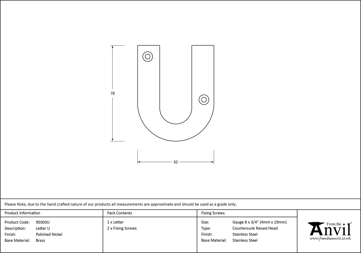 From The Anvil - Polished Nickel Letter U | Sku. 90303U | Trade Door Handles.
