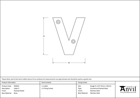 From The Anvil - Polished Nickel Letter V | Sku. 90303V | Trade Door Handles.