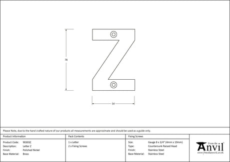 From The Anvil - Polished Nickel Letter Z | Sku. 90303Z | Trade Door Handles.