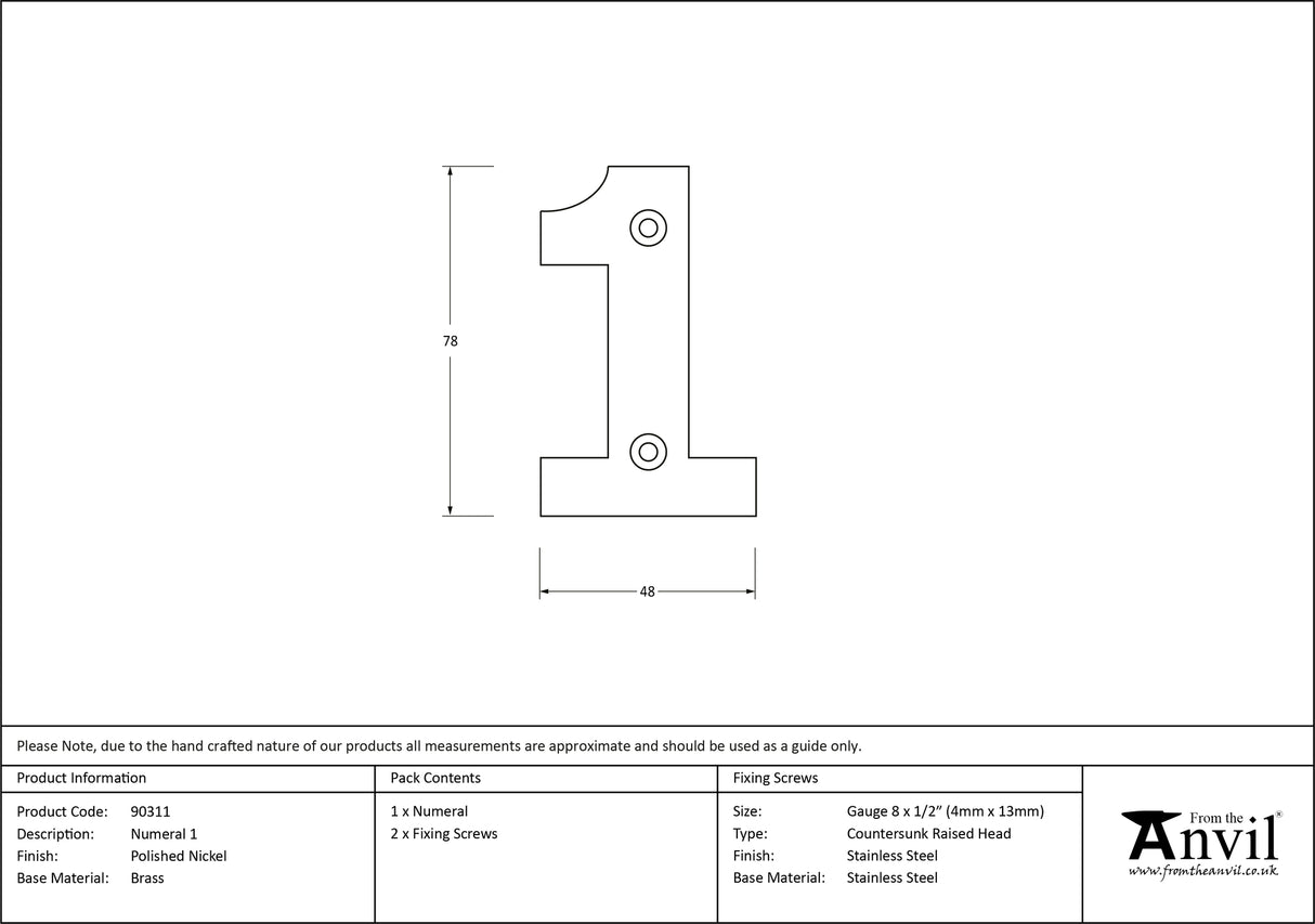 From The Anvil - Polished Nickel Numeral 1 | Sku. 90311 | Trade Door Handles.