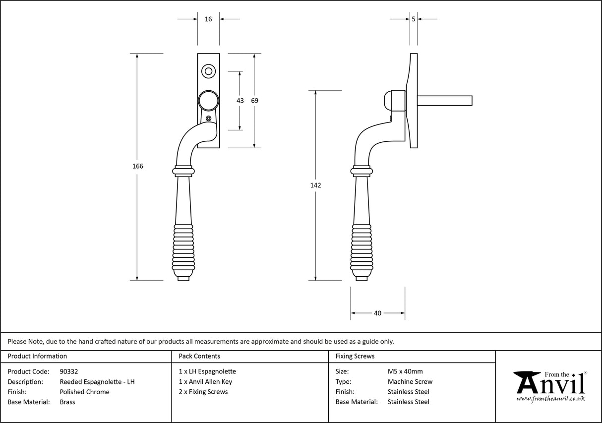 From The Anvil - Polished Chrome Reeded Espag - LH | Sku. 90332 | Trade Door Handles.