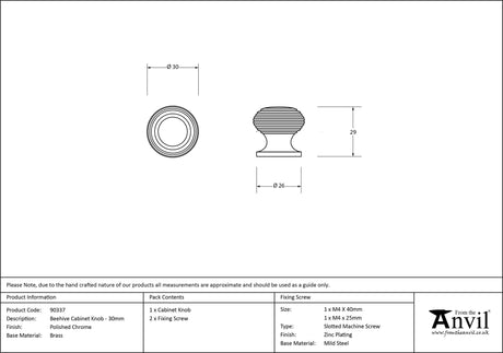 From The Anvil - Polished Chrome Beehive Cabinet Knob 30mm | Sku. 90337 | Trade Door Handles.