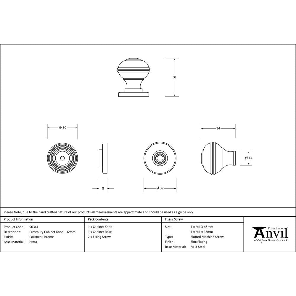 From The Anvil - Polished Chrome Prestbury Cabinet Knob 32mm | Sku. 90341 | Trade Door Handles.