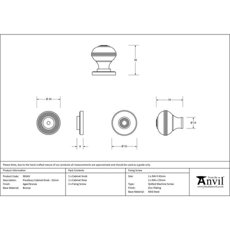 From The Anvil - Aged Bronze Prestbury Cabinet Knob 32mm | Sku. 90343 | Trade Door Handles.
