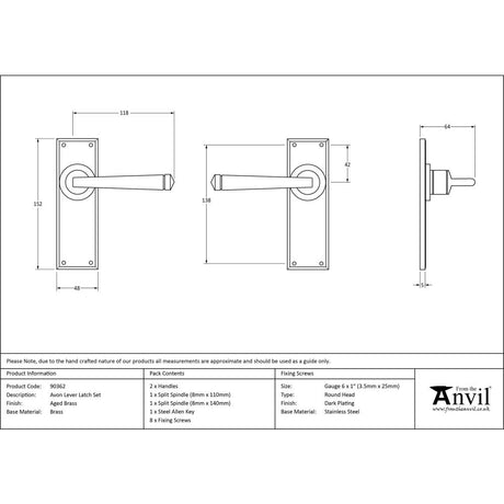 From The Anvil - Aged Brass Avon Lever Latch Set | Sku. 90362 | Trade Door Handles.