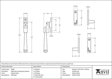 From The Anvil - Pewter Night-Vent Locking Avon Fastener | Sku. 90391 | Trade Door Handles.