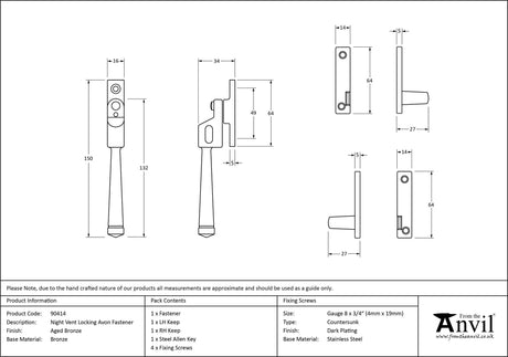 From The Anvil - Aged Bronze Night-Vent Locking Avon Fastener | Sku. 90414 | Trade Door Handles.