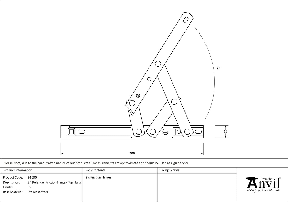From The Anvil - SS 8" Defender Friction Hinge - Top hung | Sku. 91030 | Trade Door Handles.