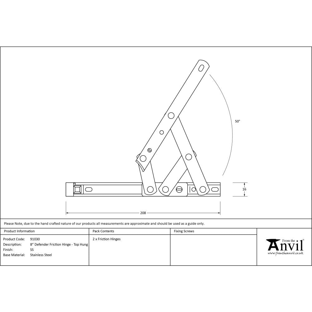 From The Anvil - SS 8" Defender Friction Hinge - Top hung | Sku. 91030 | Trade Door Handles.