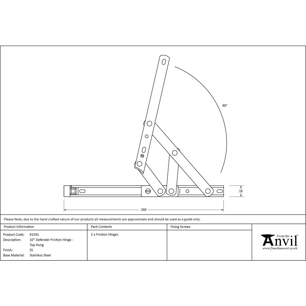 From The Anvil - SS 10" Defender Friction Hinge - Top Hung | Sku. 91031 | Trade Door Handles.